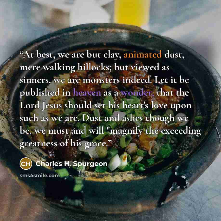 “At best, we are but clay, animated dust, mere walking hillocks; but viewed as sinners, we are monsters indeed. Let it be published in heaven as a wonder, that the Lord Jesus should set his heart's love upon such as we are. Dust and ashes though we be, we must and will "magnify the exceeding…” quote by Charles H. Spurgeon
