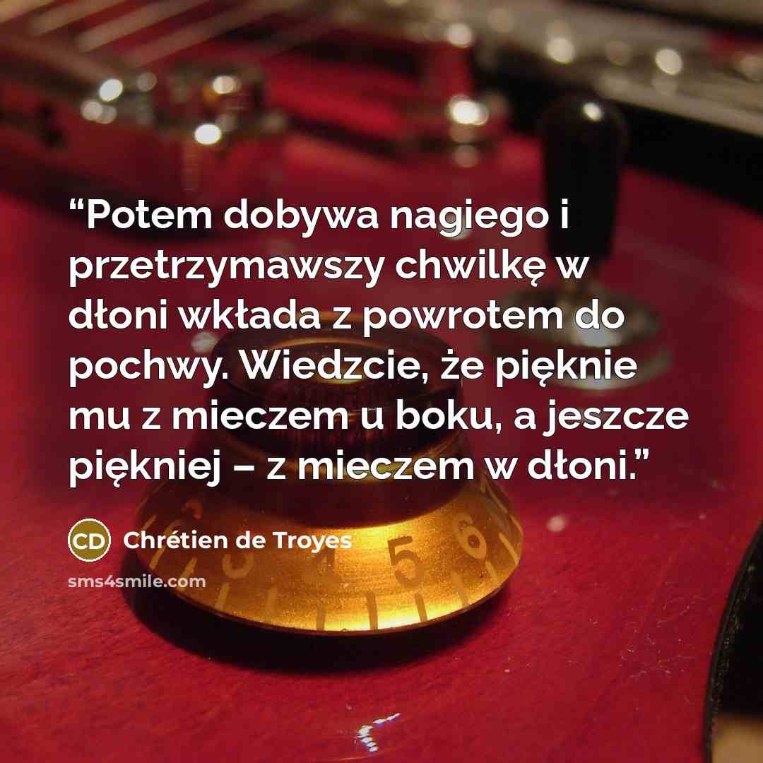 “Potem dobywa nagiego i przetrzymawszy chwilkę w dłoni wkłada z powrotem do pochwy. Wiedzcie, że pięknie mu z mieczem u boku, a jeszcze piękniej – z mieczem w dłoni.” quote by Chrétien de Troyes