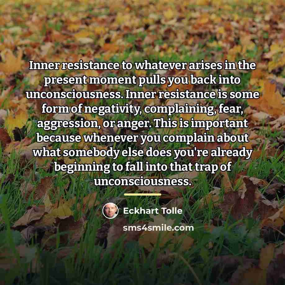 “Inner resistance to whatever arises in the present moment pulls…” quote by Eckhart Tolle