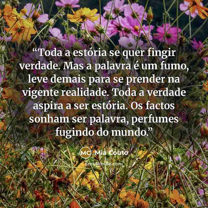 “Toda a estória se quer fingir verdade. Mas a palavra é um fumo, leve demais para se prender na vigente realidade. Toda a verdade aspira a ser estória. Os factos sonham ser palavra, perfumes fugindo do mundo.” quote by Mia Couto