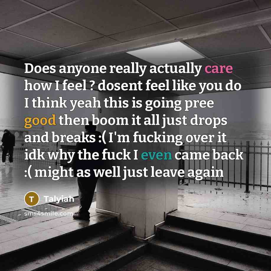 “Does anyone really actually care how I feel ? dosent feel like you do I think yeah this is going pree good then boom it all just drops and breaks :( I'm fucking over it idk why the fuck I even came back :( might as well just leave again” quote by Talyiah