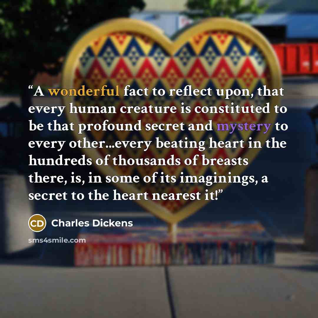 “A wonderful fact to reflect upon, that every human creature is constituted to be that profound secret and mystery to every other...every beating heart in the hundreds of thousands of breasts there, is, in some of its imaginings, a secret to the heart nearest it!” quote by Charles Dickens