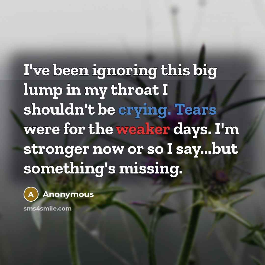 “I've been ignoring this big lump in my throat I shouldn't be crying. Tears were for the weaker days. I'm stronger now or so I say...but something's missing.” quote by Anonymous
