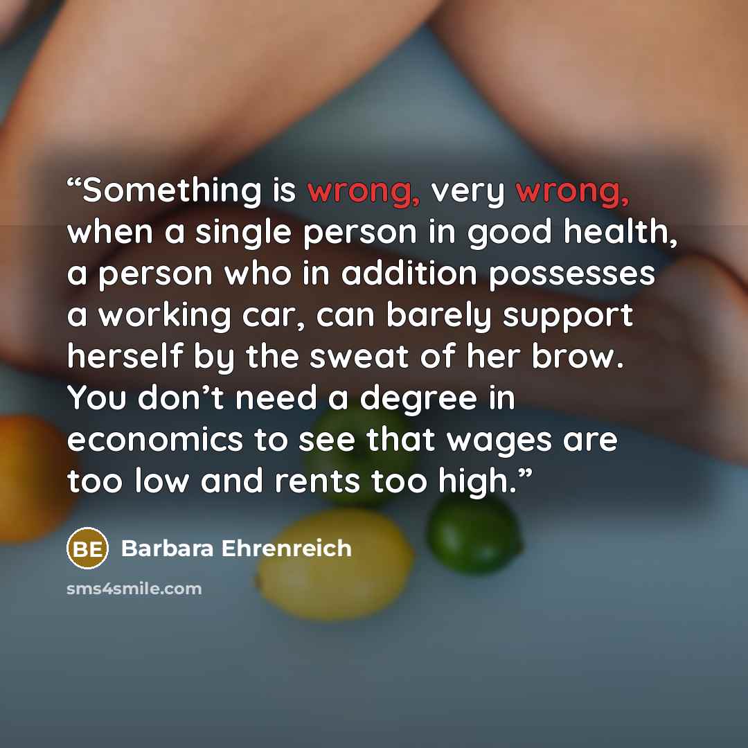 “Something is wrong, very wrong, when a single person in good health, a person who in addition possesses a working car, can barely support herself by the sweat of her brow. You don’t need a degree in economics to see that wages are too low and rents too high.” quote by Barbara Ehrenreich