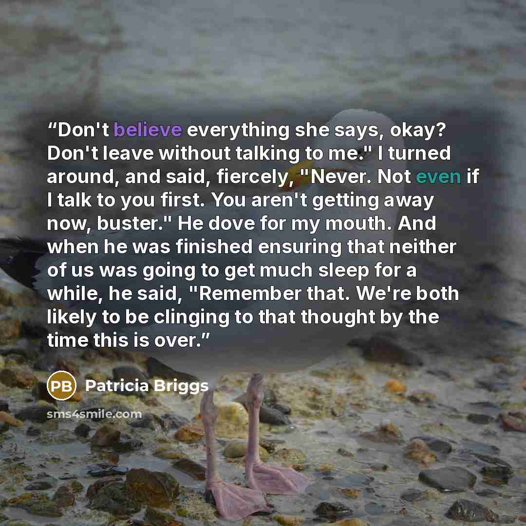 “Don't believe everything she says, okay? Don't leave without talking to me." I turned around, and said, fiercely, "Never. Not even if I talk to you first. You aren't getting away now, buster." He dove for my mouth. And when he was finished ensuring that neither of us was going to get much sleep…” quote by Patricia Briggs