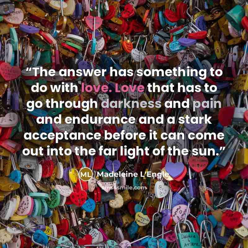 “The answer has something to do with love. Love that has to go through darkness and pain and endurance and a stark acceptance before it can come out into the far light of the sun.” quote by Madeleine L'Engle