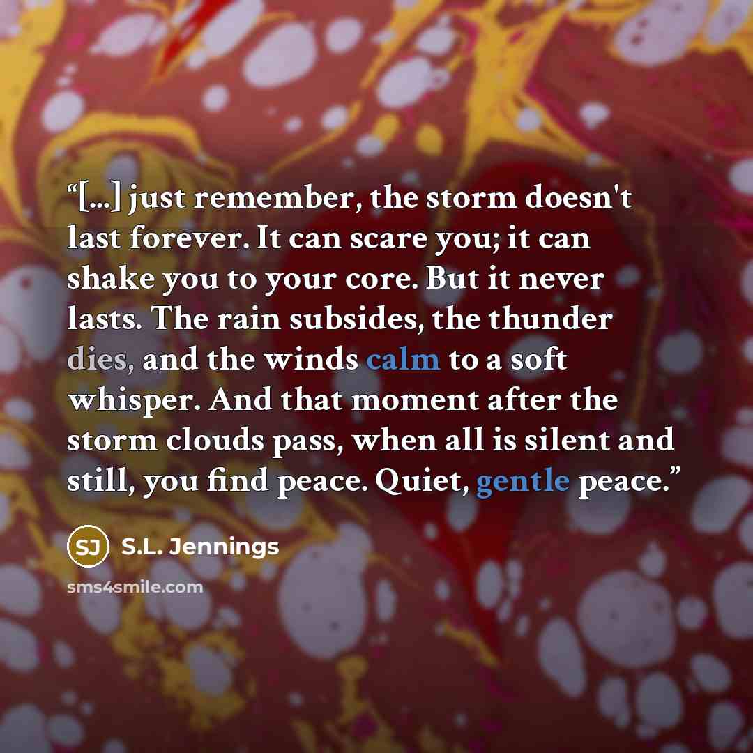 “[...] just remember, the storm doesn't last forever. It can scare you; it can shake you to your core. But it never lasts. The rain subsides, the thunder dies, and the winds calm to a soft whisper. And that moment after the storm clouds pass, when all is silent and still, you find peace. Quiet…” quote by S.L. Jennings