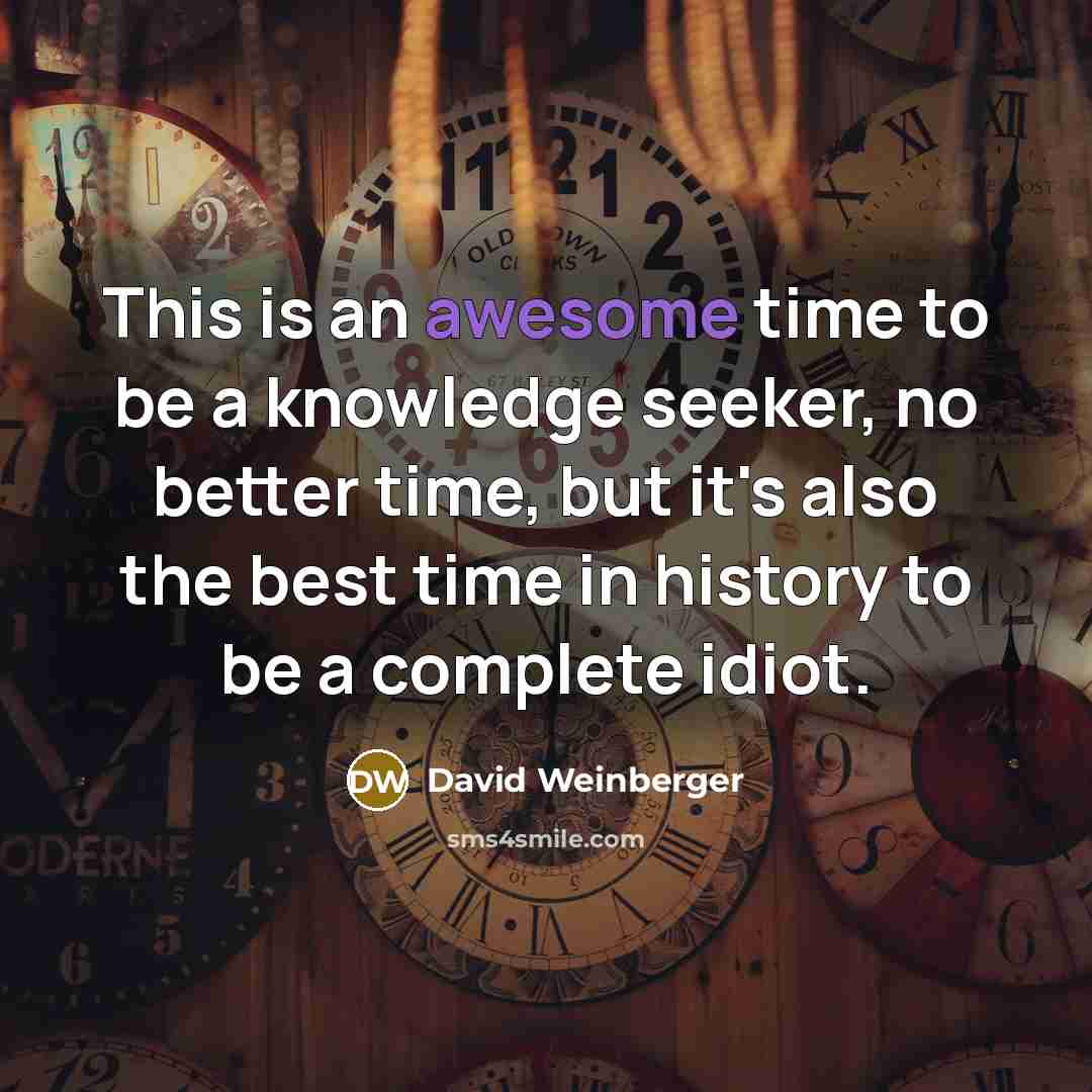 “This is an awesome time to be a knowledge seeker, no better time, but it's also the best time in history to be a complete idiot.” quote by David Weinberger
