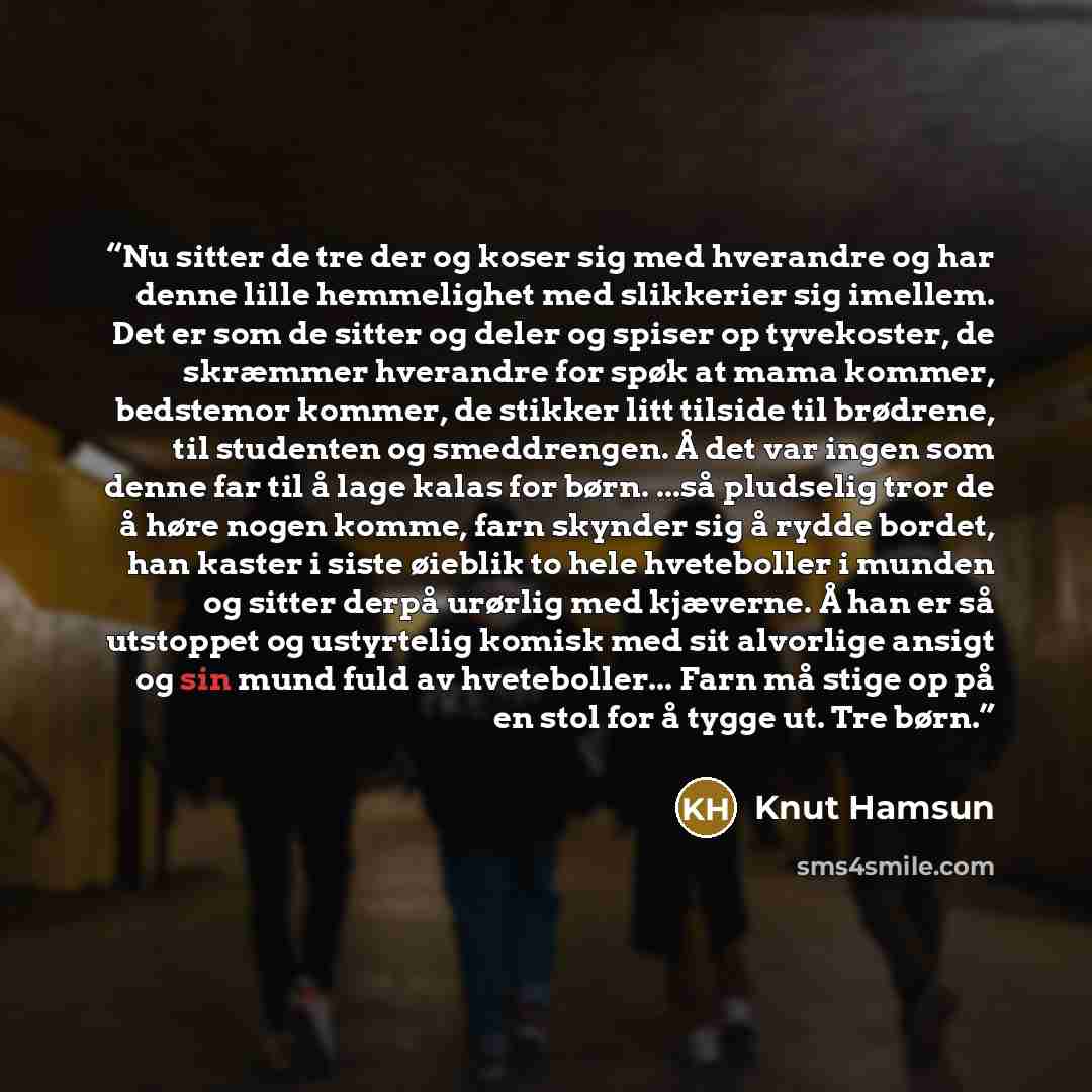 “Nu sitter de tre der og koser sig med hverandre og har denne lille hemmelighet med slikkerier sig imellem. Det er som de sitter og deler og spiser op tyvekoster, de skræmmer hverandre for spøk at mama kommer, bedstemor kommer, de stikker litt tilside til brødrene, til studenten og smeddrengen. Å…” quote by Knut Hamsun