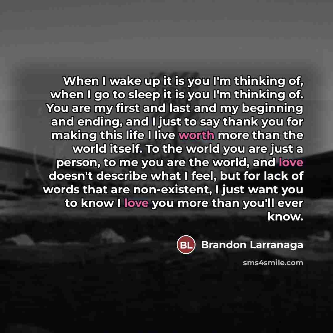“When I wake up it is you I'm thinking of,…” quote by Brandon Larranaga