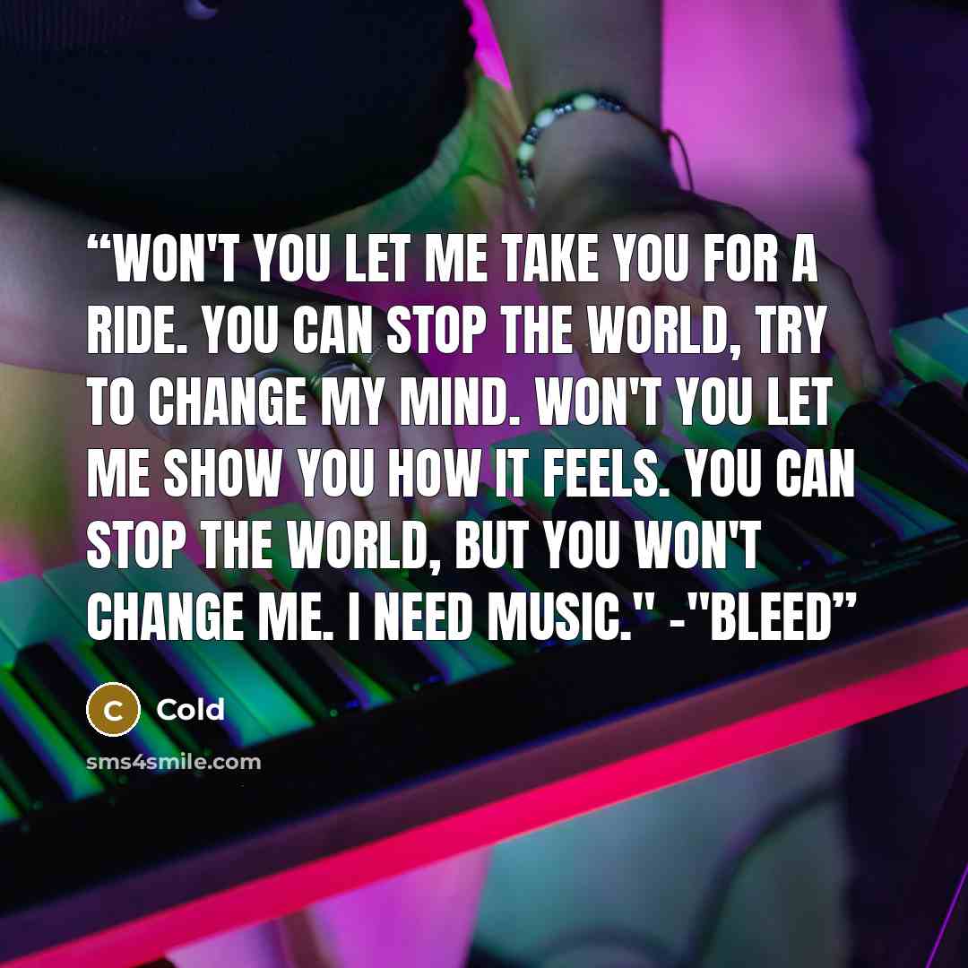 “Won't you let me take you for a ride. You can stop the world, try to change my mind. Won't you let me show you how it feels. You can stop the world, but you won't change me. I need music." -"Bleed” quote by Cold