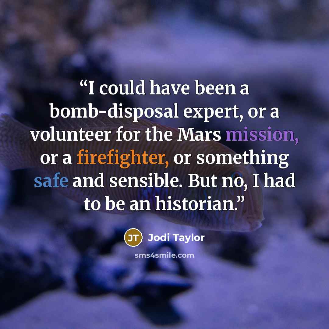 “I could have been a bomb-disposal expert, or a volunteer for the Mars mission, or a firefighter, or something safe and sensible. But no, I had to be an historian.” quote by Jodi Taylor