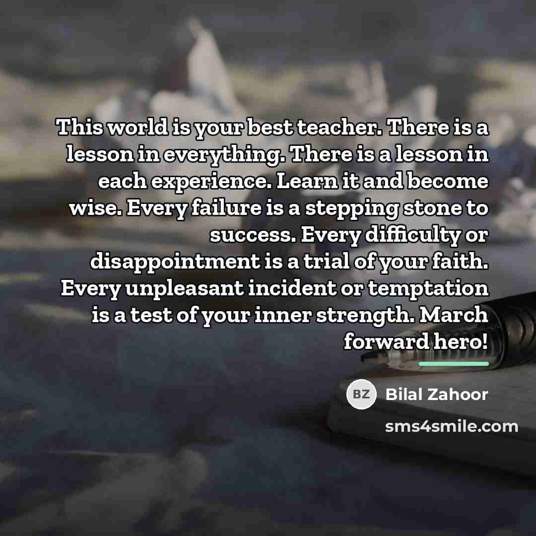 “This world is your best teacher. There is a lesson…” quote by Bilal Zahoor