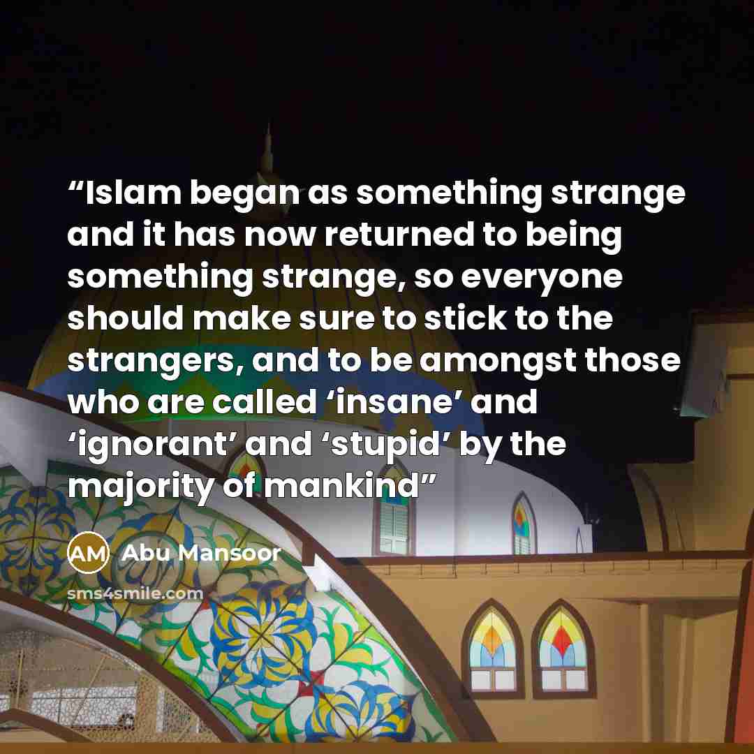 “Islam began as something strange and it has now returned to being something strange, so everyone should make sure to stick to the strangers, and to be amongst those who are called ‘insane’ and ‘ignorant’ and ‘stupid’ by the majority of mankind” quote by Abu Mansoor