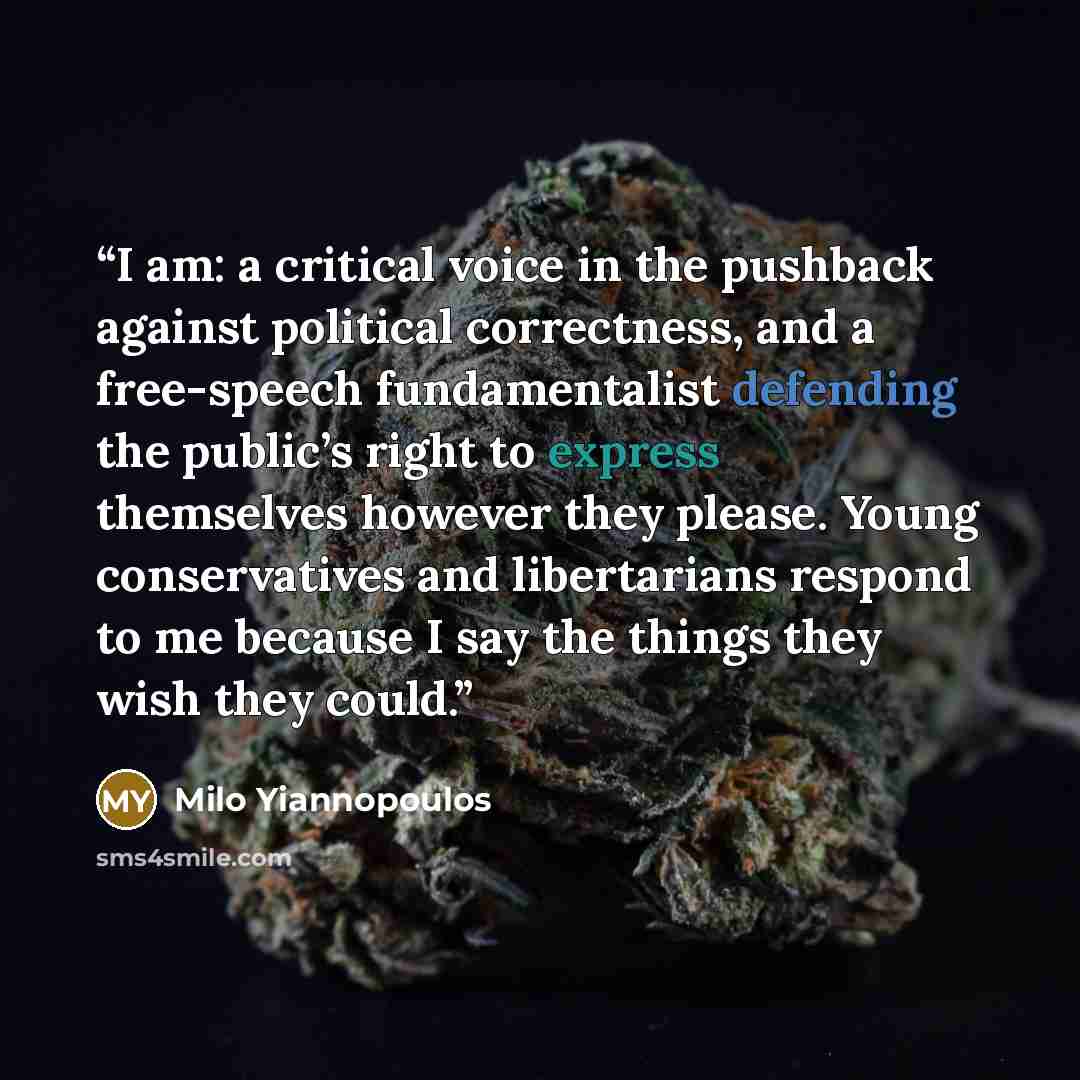 “I am: a critical voice in the pushback against political correctness, and a free-speech fundamentalist defending the public’s right to express themselves however they please. Young conservatives and libertarians respond to me because I say the things they wish they could.” quote by Milo Yiannopoulos