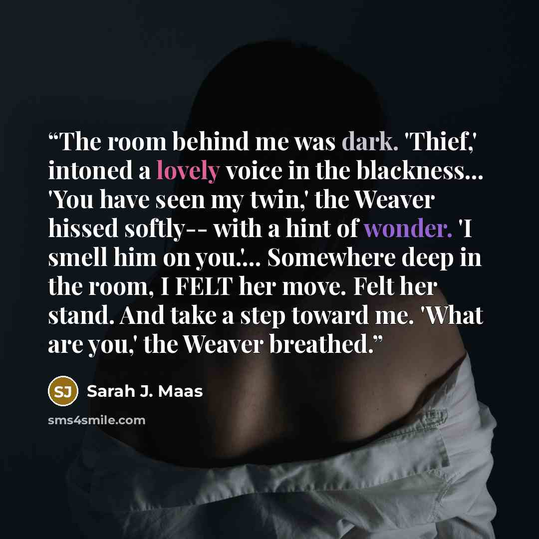 “The room behind me was dark. 'Thief,' intoned a lovely voice in the blackness... 'You have seen my twin,' the Weaver hissed softly-- with a hint of wonder. 'I smell him on you.'... Somewhere deep in the room, I FELT her move. Felt her stand. And take a step toward me. 'What are you,' the Weaver…” quote by Sarah J. Maas
