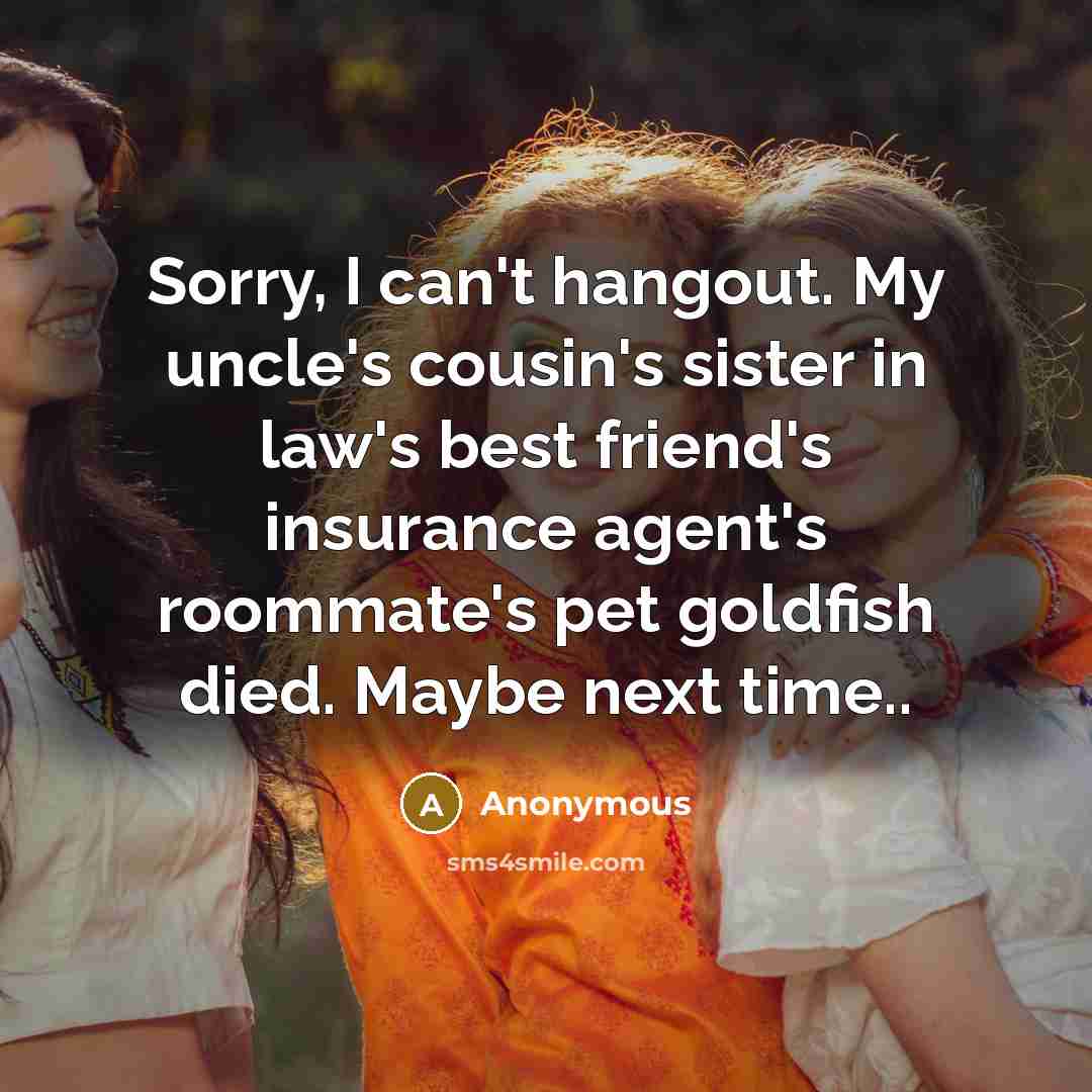“Sorry, I can't hangout. My uncle's cousin's sister in law's…” quote by Anonymous