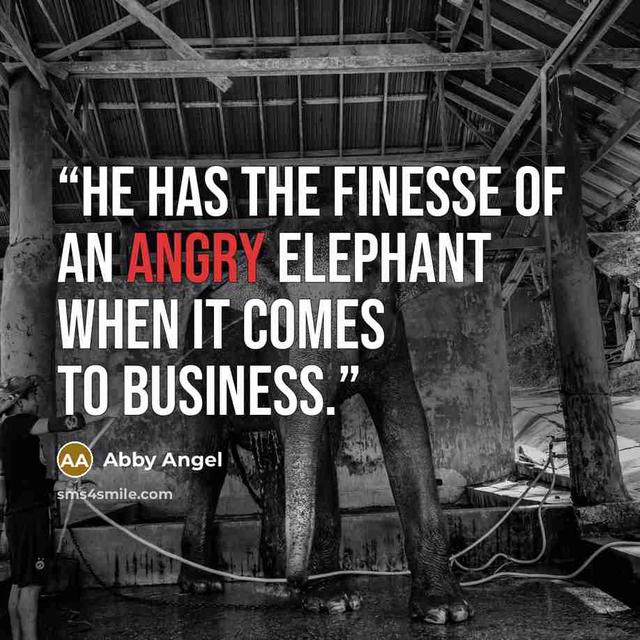 “he has the finesse of an angry elephant when it comes to business.” quote by Abby Angel