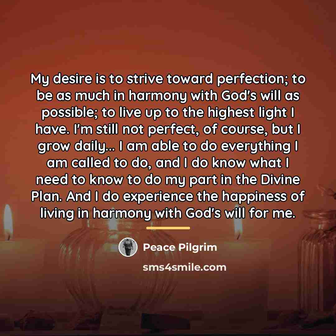 “My desire is to strive toward perfection; to be as…” quote by Peace Pilgrim