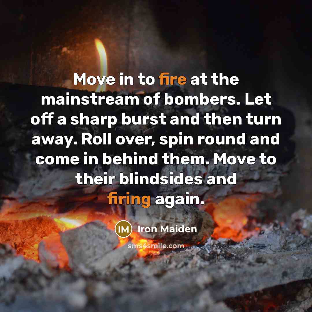 “Move in to fire at the mainstream of bombers. Let off a sharp burst and then turn away. Roll over, spin round and come in behind them. Move to their blindsides and firing again.” quote by Iron Maiden