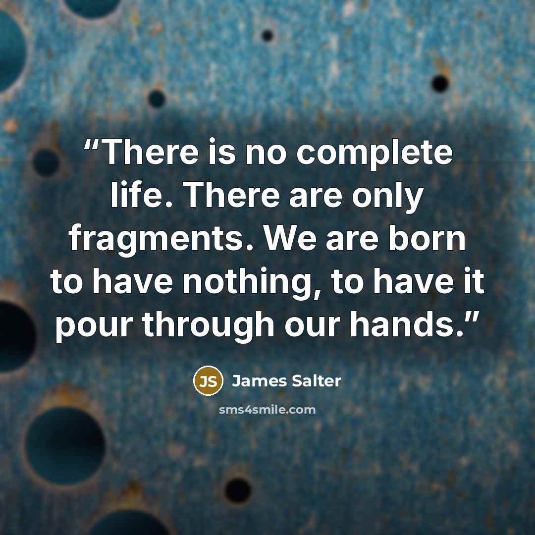 “There is no complete life. There are only fragments. We are born to have nothing, to have it pour through our hands.” quote by James Salter