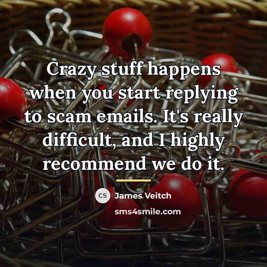 “Crazy stuff happens when you start replying to scam emails.…” quote by James Veitch