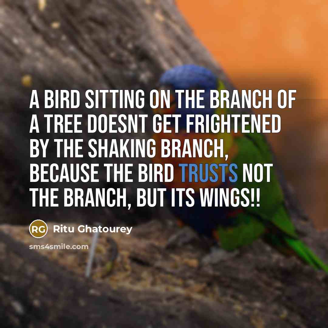 “A Bird Sitting On The Branch Of A Tree Doesnt Get Frightened By The Shaking Branch, Because The Bird Trusts Not The Branch, But Its Wings!!” quote by Ritu Ghatourey