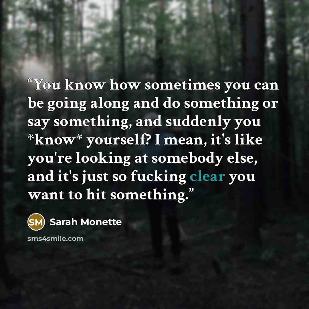 “You know how sometimes you can be going along and do something or say something, and suddenly you *know* yourself? I mean, it's like you're looking at somebody else, and it's just so fucking clear you want to hit something.” quote by Sarah Monette