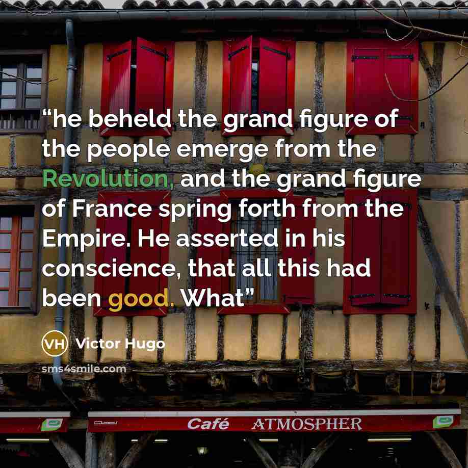 “he beheld the grand figure of the people emerge from the Revolution, and the grand figure of France spring forth from the Empire. He asserted in his conscience, that all this had been good. What” quote by Victor Hugo