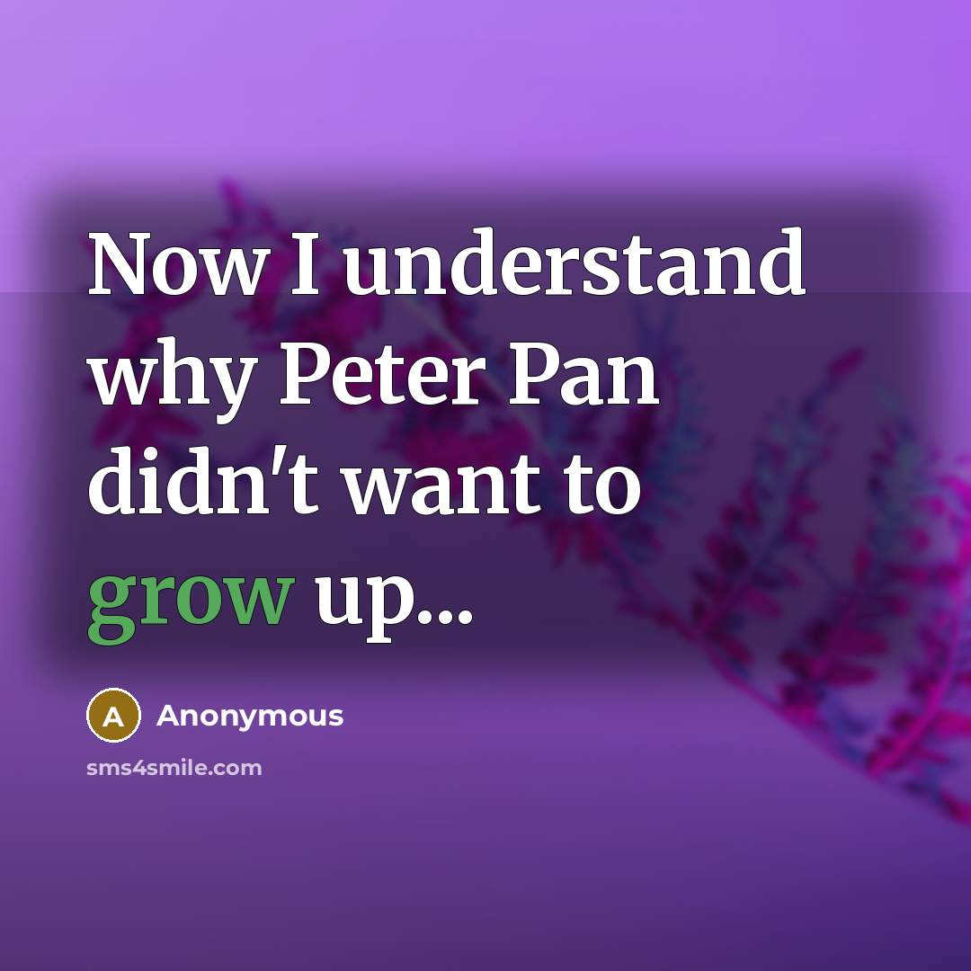 “Now I understand why Peter Pan didn't want to grow up...” quote by Anonymous