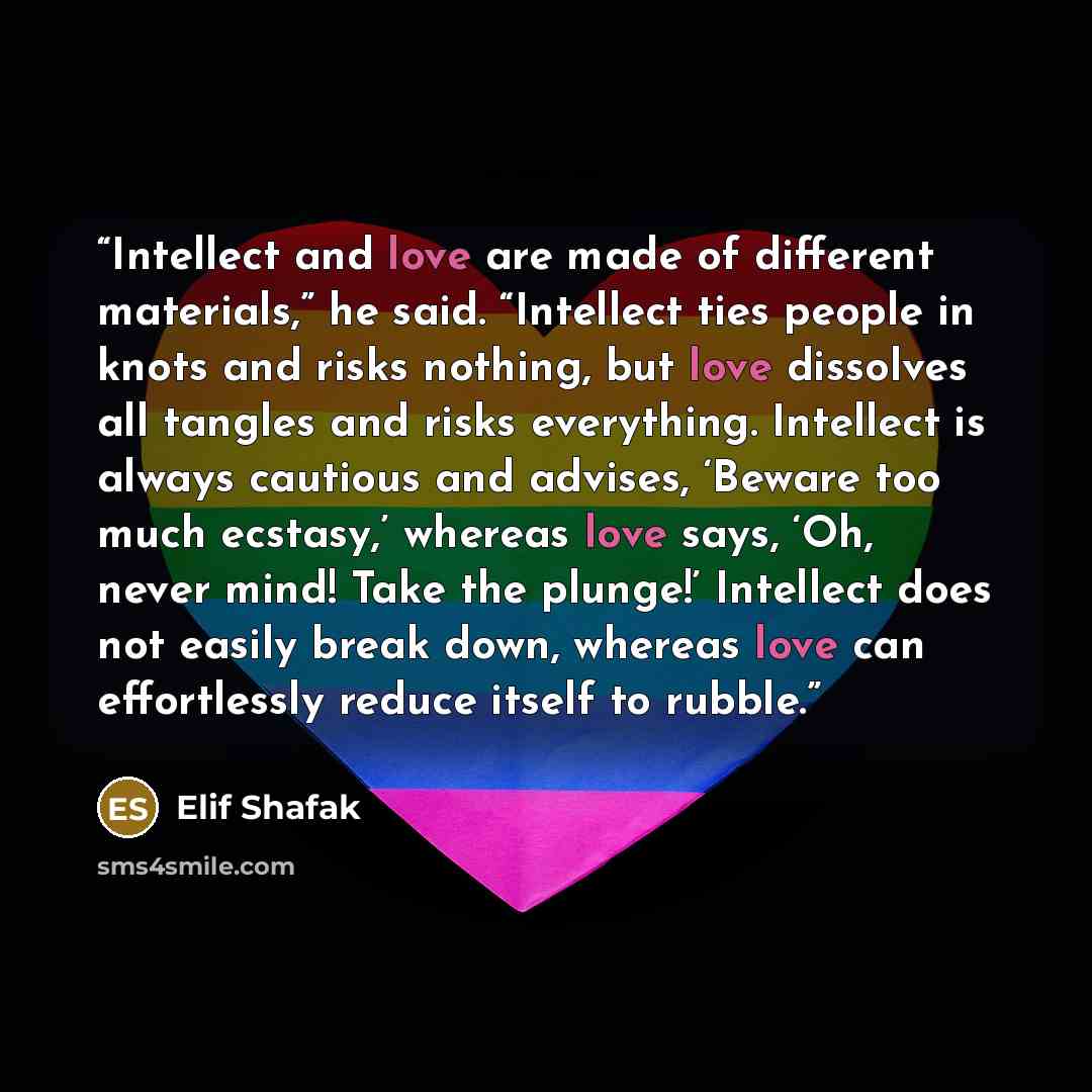“Intellect and love are made of different materials,” he said. “Intellect ties people in knots and risks nothing, but love dissolves all tangles and risks everything. Intellect is always cautious and advises, ‘Beware too much ecstasy,’ whereas love says, ‘Oh, never mind! Take the plunge!’ Intellect…” quote by Elif Shafak