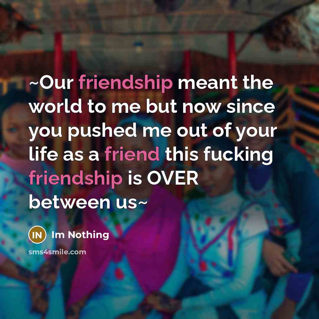 “~Our friendship meant the world to me but now since you pushed me out of your life as a friend this fucking friendship is OVER between us~” quote by Im Nothing