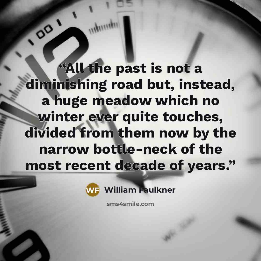 “All the past is not a diminishing road but, instead, a huge meadow which no winter ever quite touches, divided from them now by the narrow bottle-neck of the most recent decade of years.” quote by William Faulkner