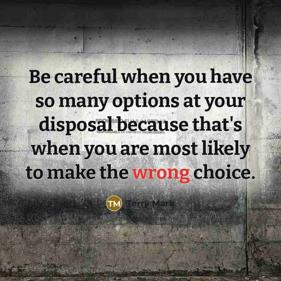 “Be careful when you have so many options at your…” quote by Terry Mark