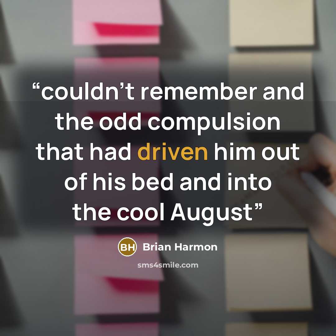 “couldn’t remember and the odd compulsion that had driven him out of his bed and into the cool August” quote by Brian Harmon