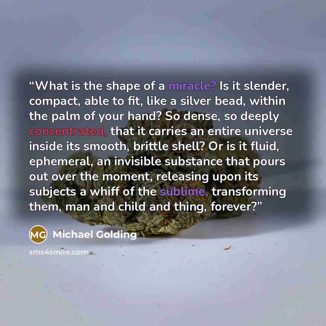 “What is the shape of a miracle? Is it slender, compact, able to fit, like a silver bead, within the palm of your hand? So dense, so deeply concentrated, that it carries an entire universe inside its smooth, brittle shell? Or is it fluid, ephemeral, an invisible substance that pours out over the…” quote by Michael Golding
