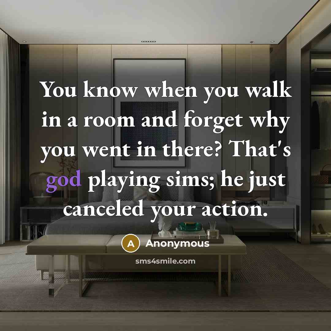 “You know when you walk in a room and forget why you went in there? That's god playing sims; he just canceled your action.” quote by Anonymous
