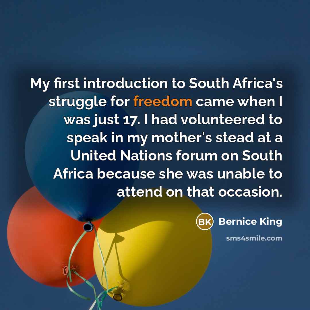 “My first introduction to South Africa's struggle for freedom came…” quote by Bernice King
