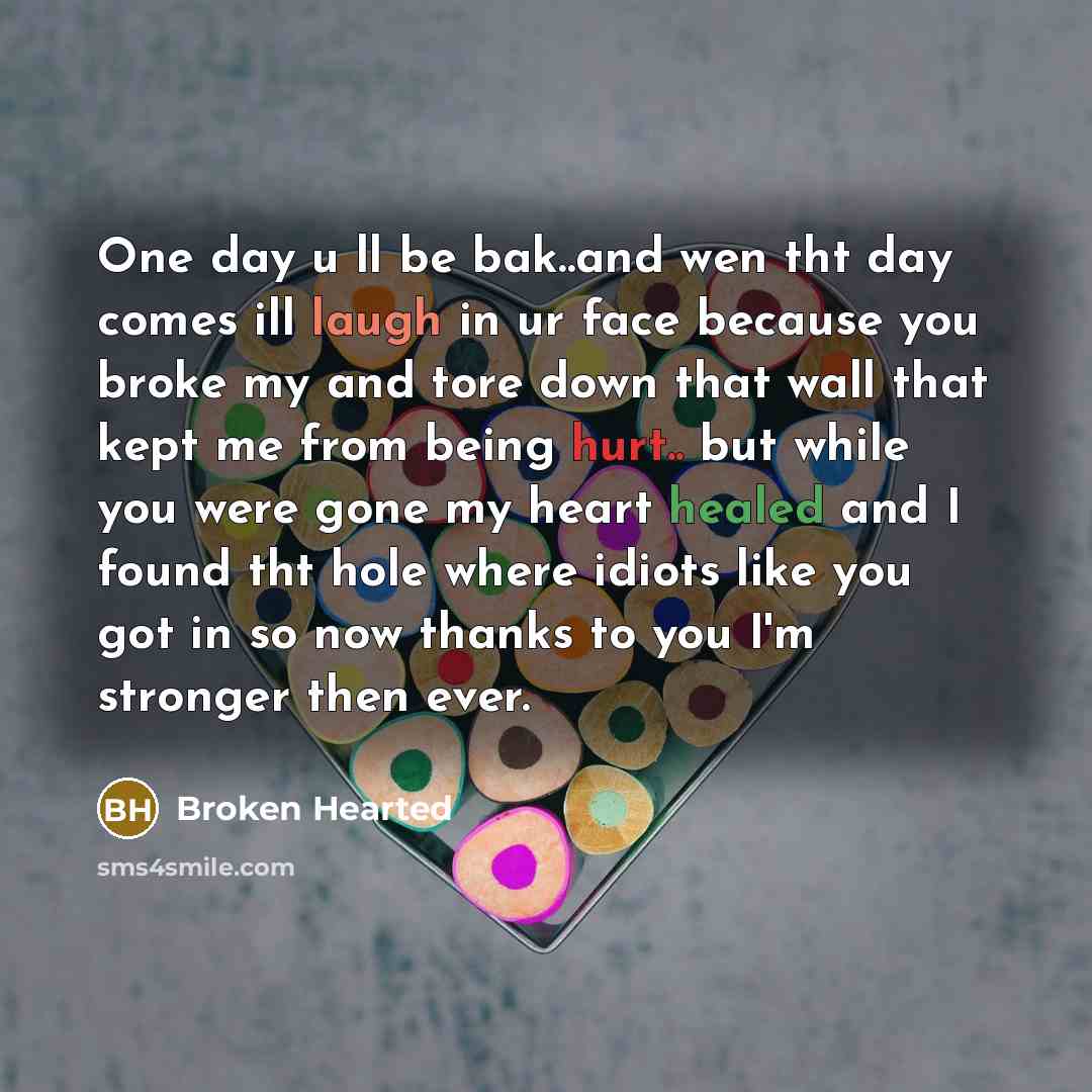 “One day u ll be bak..and wen tht day comes ill laugh in ur face because you broke my and tore down that wall that kept me from being hurt.. but while you were gone my heart healed and I found tht hole where idiots like you got in so now thanks to you I'm stronger then ever.” quote by Broken Hearted