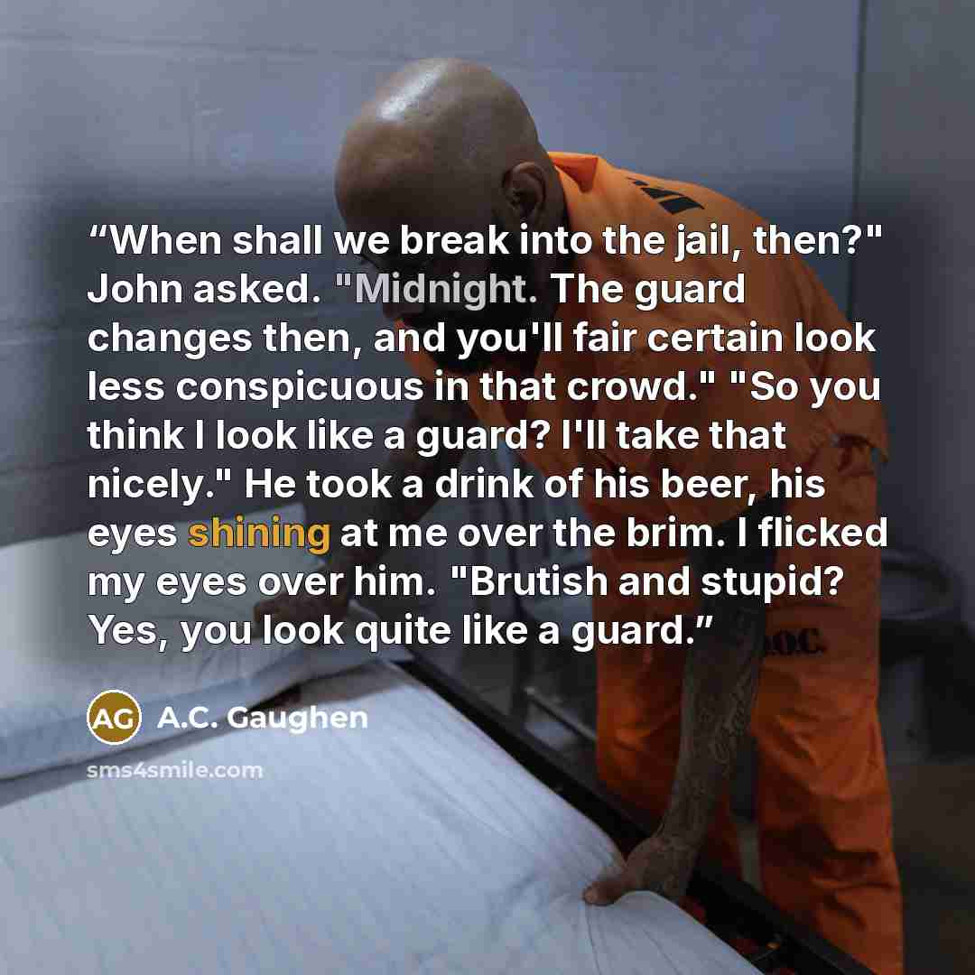 “When shall we break into the jail, then?" John asked. "Midnight. The guard changes then, and you'll fair certain look less conspicuous in that crowd." "So you think I look like a guard? I'll take that nicely." He took a drink of his beer, his eyes shining at me over the brim. I flicked my eyes…” quote by A.C. Gaughen