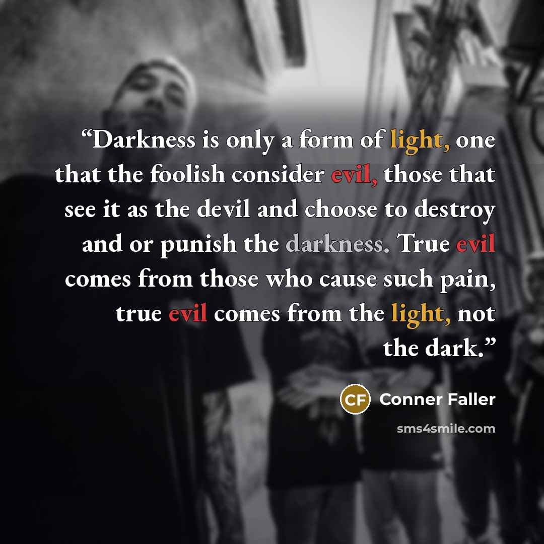 “Darkness is only a form of light, one that the foolish consider evil, those that see it as the devil and choose to destroy and or punish the darkness. True evil comes from those who cause such pain, true evil comes from the light, not the dark.” quote by Conner Faller