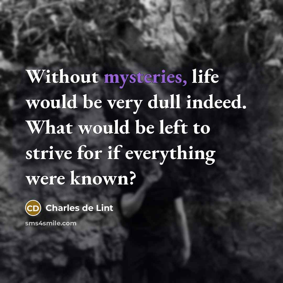 “Without mysteries, life would be very dull indeed. What would be left to strive for if everything were known?” quote by Charles de Lint