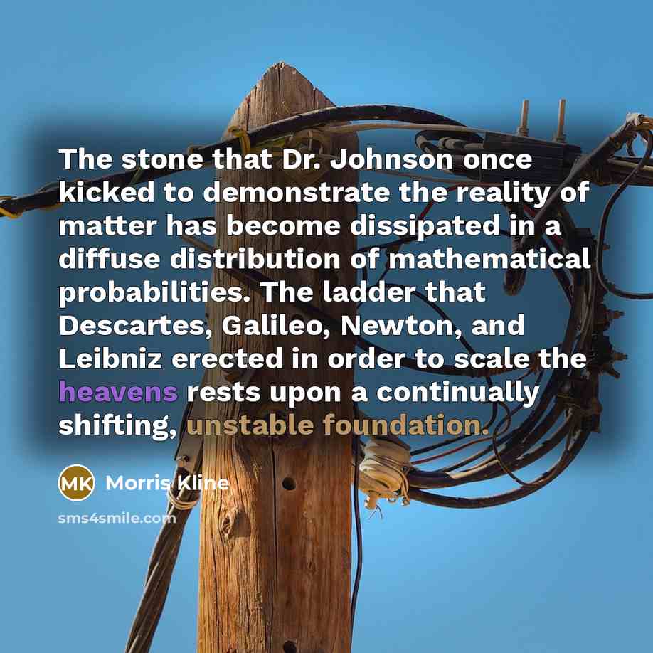 “The stone that Dr. Johnson once kicked to demonstrate the reality of matter has become dissipated in a diffuse distribution of mathematical probabilities. The ladder that Descartes, Galileo, Newton, and Leibniz erected in order to scale the heavens rests upon a continually shifting, unstable…” quote by Morris Kline