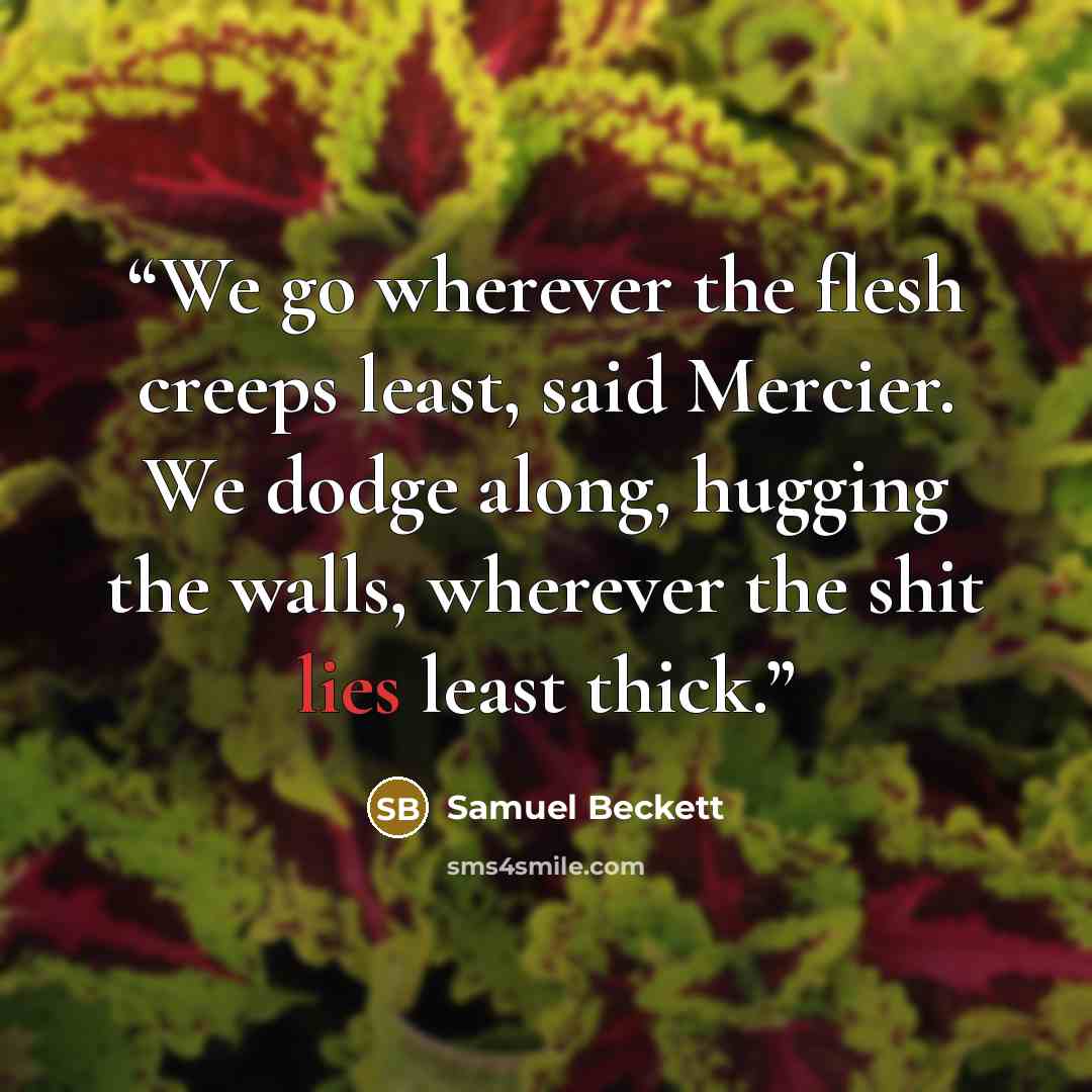 “We go wherever the flesh creeps least, said Mercier. We dodge along, hugging the walls, wherever the shit lies least thick.” quote by Samuel Beckett