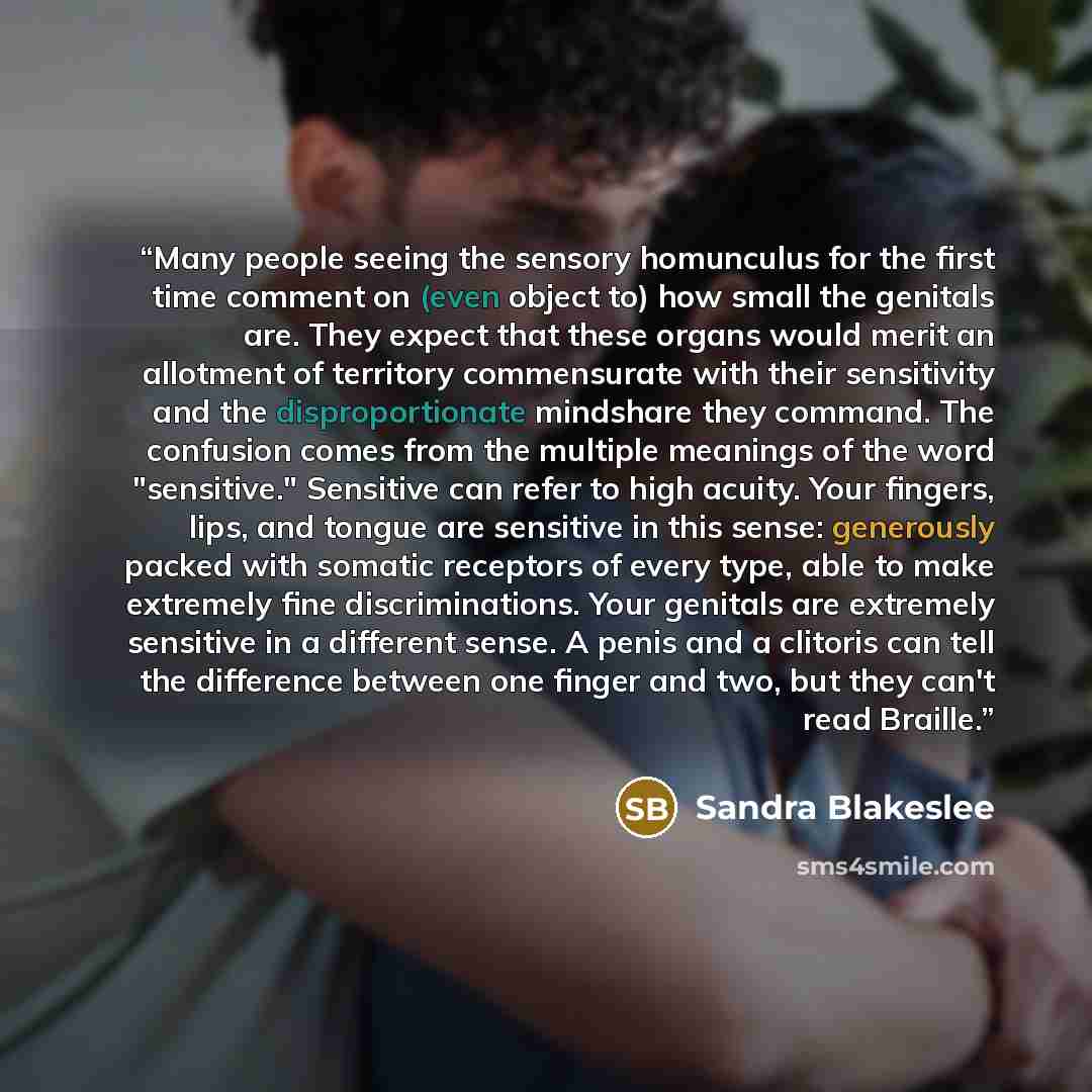 “Many people seeing the sensory homunculus for the first time comment on (even object to) how small the genitals are. They expect that these organs would merit an allotment of territory commensurate with their sensitivity and the disproportionate mindshare they command. The confusion comes from the…” quote by Sandra Blakeslee