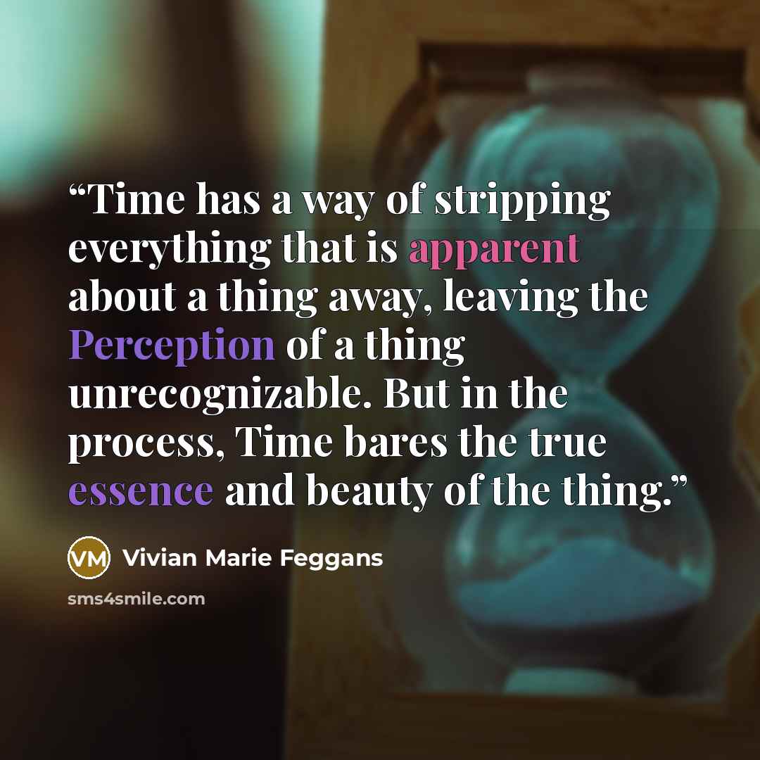 “Time has a way of stripping everything that is apparent about a thing away, leaving the Perception of a thing unrecognizable. But in the process, Time bares the true essence and beauty of the thing.” quote by Vivian Marie Feggans