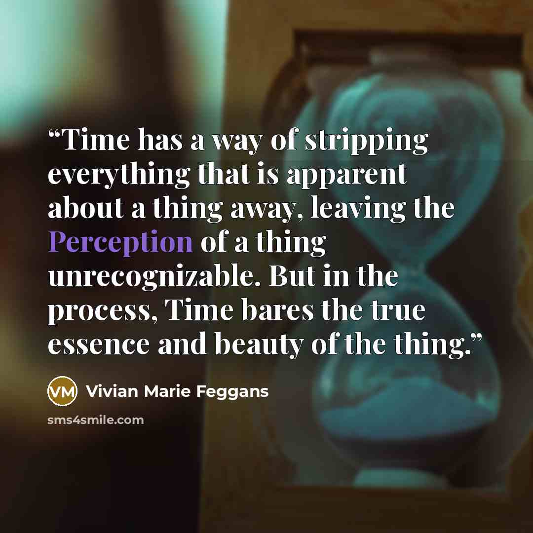 “Time has a way of stripping everything that is apparent about a thing away, leaving the Perception of a thing unrecognizable. But in the process, Time bares the true essence and beauty of the thing.” quote by Vivian Marie Feggans