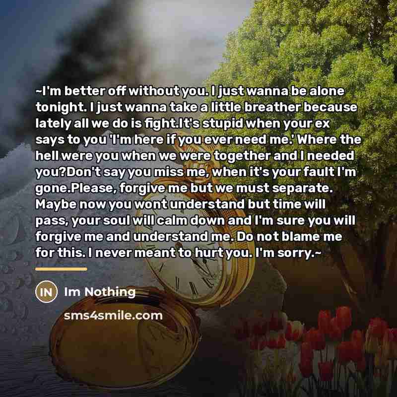 “~I'm better off without you. I just wanna be alone…” quote by Im Nothing
