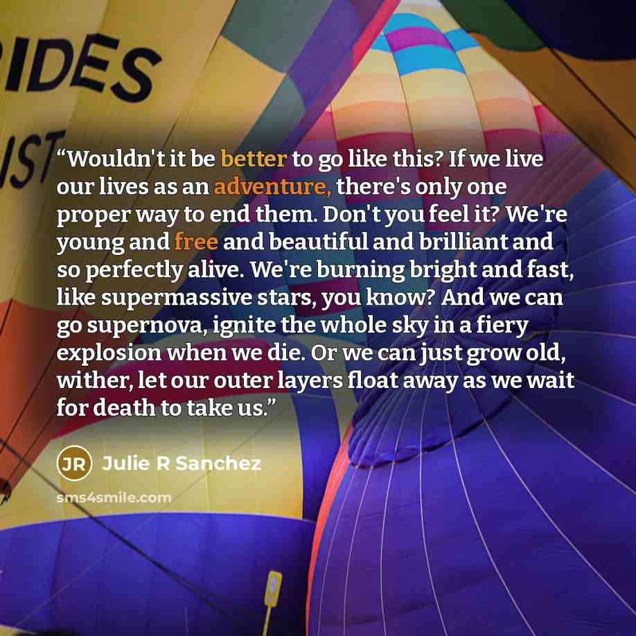 “Wouldn't it be better to go like this? If we live our lives as an adventure, there's only one proper way to end them. Don't you feel it? We're young and free and beautiful and brilliant and so perfectly alive. We're burning bright and fast, like supermassive stars, you know? And we can go…” quote by Julie R Sanchez