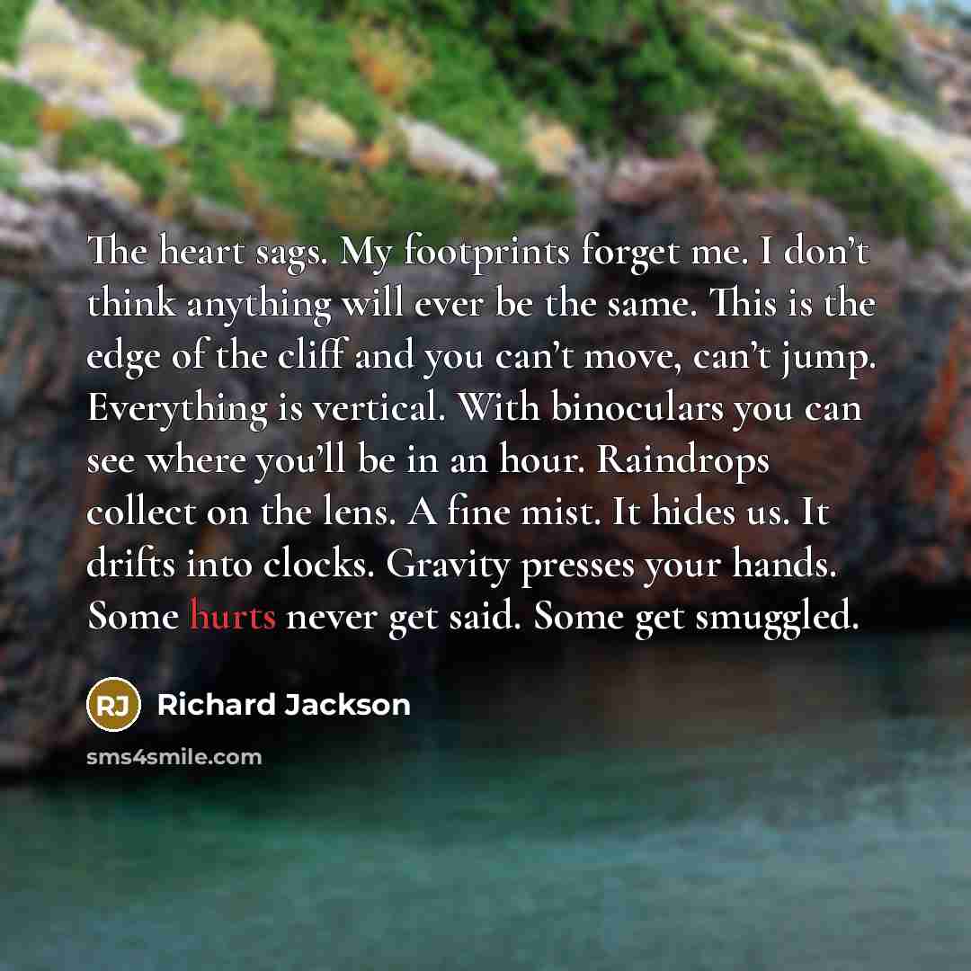 “The heart sags. My footprints forget me. I don’t think anything will ever be the same. This is the edge of the cliff and you can’t move, can’t jump. Everything is vertical. With binoculars you can see where you’ll be in an hour. Raindrops collect on the lens. A fine mist. It hides us. It drifts…” quote by Richard Jackson